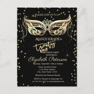 Invitation Carte Postale Soirée d'anniversaire Masquerade Gold Diamonds 21 