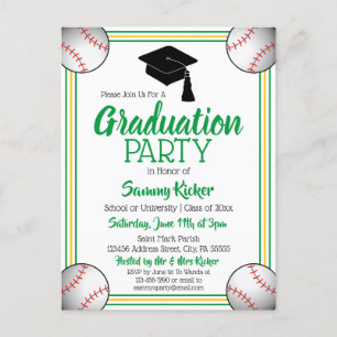 Invitation Carte Postale Soirée de baseball Green & Gold Graduation Party