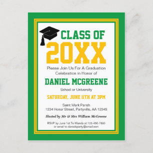Invitation Carte Postale Soirée de graduation verte et d'or