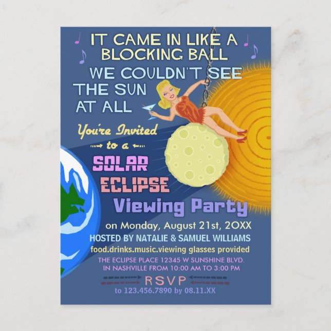 Invitation Carte Postale Solaire Eclipse Party Funny Retro Sun Viewing 2017 (Devant)