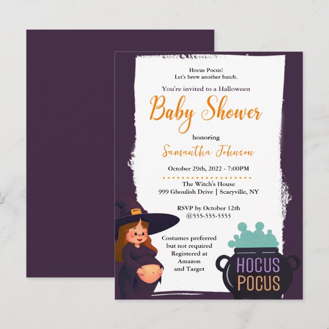 Invitation Carte Postale Sorcière Enceinte Halloween Baby shower Costume Pa (Devant / Derrière)