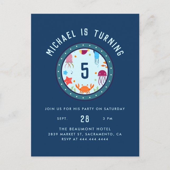 Invitation Carte Postale Sous la mer Animaux Porthole Blue Anniversaire (Devant)