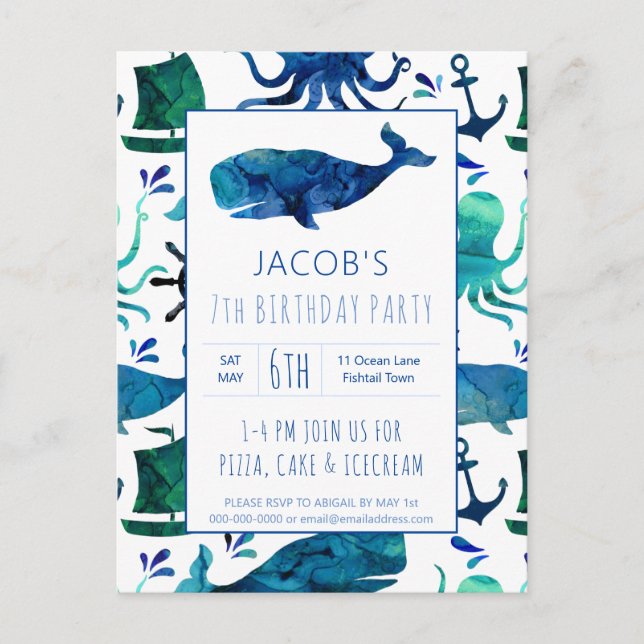 Invitation Carte Postale Sous la mer Aquarelle Baleine Anniversaire Nautiqu (Devant)