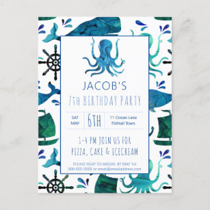 Invitation Carte Postale Sous l'anniversaire de poulpe d'aquarelle de mer
