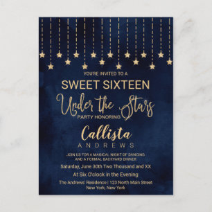 Invitation Carte Postale Sous les étoiles Marine Blue Gold Sparkles Sweet 1