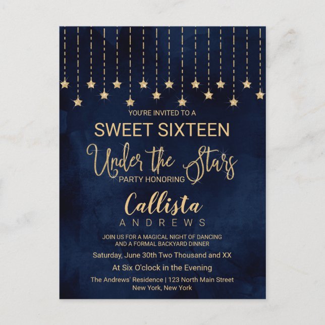 Invitation Carte Postale Sous les étoiles Marine Blue Gold Sparkles Sweet 1 (Devant)