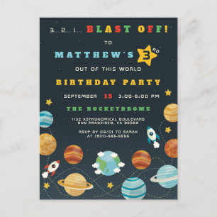 Invitation Carte Postale Space Rocket & Planètes Garçons fête d'anniversair