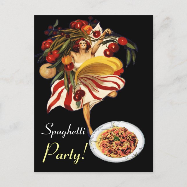 INVITATION CARTE POSTALE SPAGHETTI PARTY DANCE, CUISINE ITALIENNE ET TOMATE (Devant)