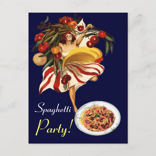 INVITATION CARTE POSTALE SPAGHETTI PARTY DANCE, CUISINE ITALIENNE ET TOMATE (Devant)