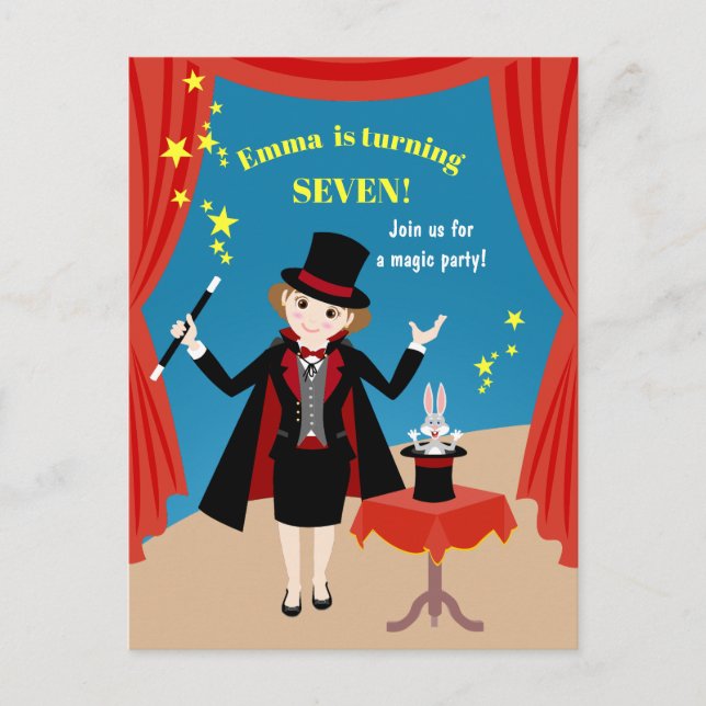 Invitation Carte Postale Spectacle de Fille Magicienne Fête d'Anniversaire (Devant)