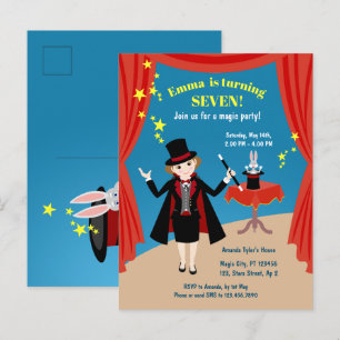 Invitation Carte Postale Spectacle de Fille Magicienne Fête d'Anniversaire