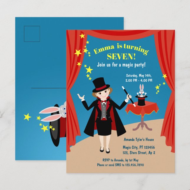 Invitation Carte Postale Spectacle de Fille Magicienne Fête d'Anniversaire (Devant / Derrière)