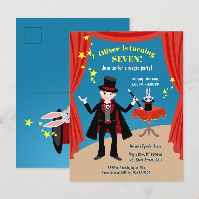 Invitation Carte Postale Spectacle de magicien garçon pour fête d'anniversa (Devant / Derrière)