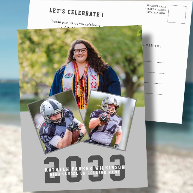 Invitation Carte Postale Sporty Girl Modern Bold Script 3 Photo Graduation (Créateur téléchargé)