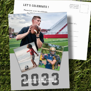 Invitation Carte Postale Sporty Guy Modern Bold Script 3 Photo Graduation