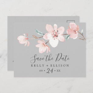 Invitation Carte Postale Spring Cherry Blossom Grey Enregistrer la date Car