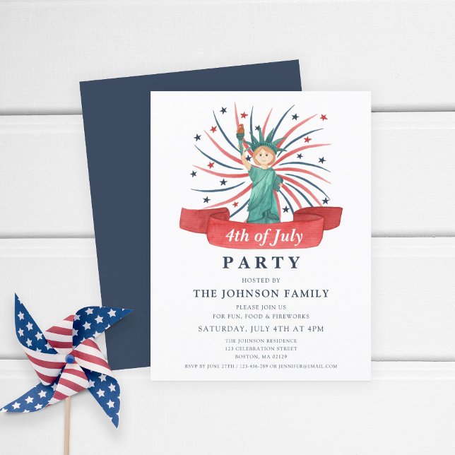Invitation Carte Postale Statue Patriotique 4 juillet Parti De La Liberté (4th Of July Party Cute Patriotic Statue Of Liberty Invitation Postcard)
