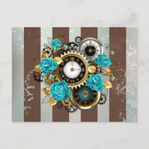 Invitation Carte Postale Steampunk Clock and Turquoise Roses on Striped