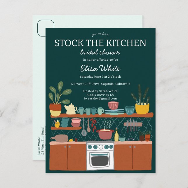 Invitation Carte Postale STOCK THE KITCHEN Bridal Shower Cute CUSTOM (Devant / Derrière)