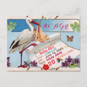 Invitation Carte Postale STORK, BABY SHOWER SHAMROCK GiRL STATS DE NAISSANC