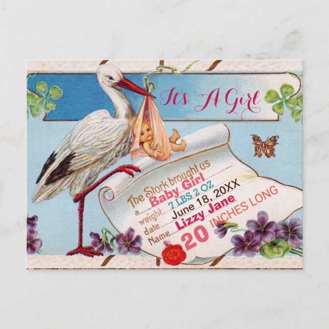 Invitation Carte Postale STORK, BABY SHOWER SHAMROCK GiRL STATS DE NAISSANC (Devant)