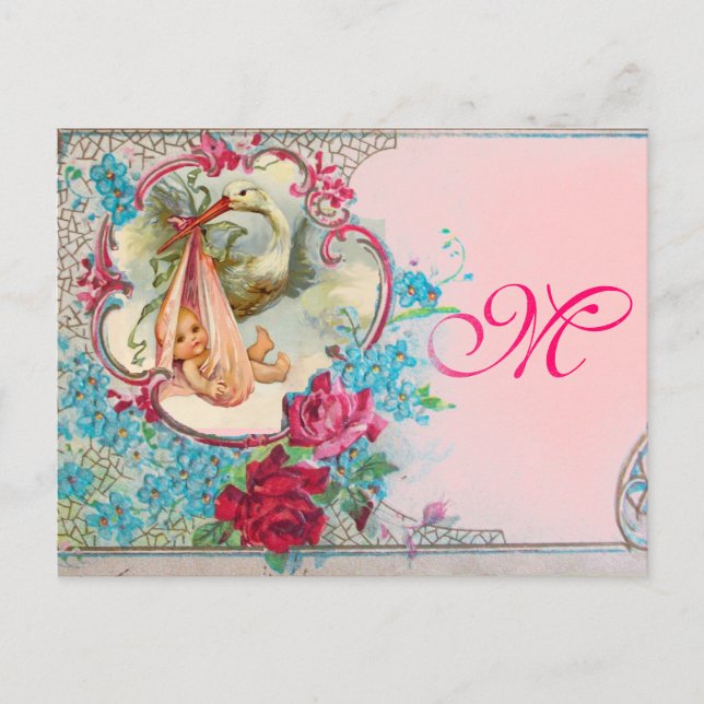 INVITATION CARTE POSTALE STORK BÉBÉ FILLE DOUCHE ROSE BLEU FLORAL MONOGRAM (Devant)