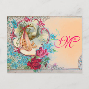 INVITATION CARTE POSTALE STORK BÉBÉ FILLE DOUCHE ROSE BLEU FLORAL MONOGRAM