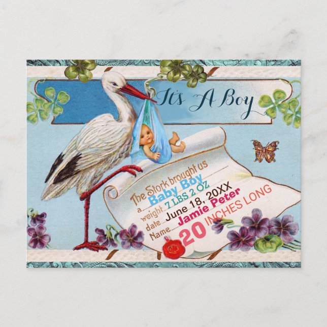 INVITATION CARTE POSTALE STORK, SHAMROCK GARÇON BABY SHOWER DE NAISSANCE ST (Devant)