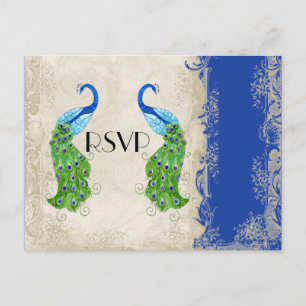 Invitation Carte Postale Style Art Déco Peacock Royal Blue Vintage dentelle