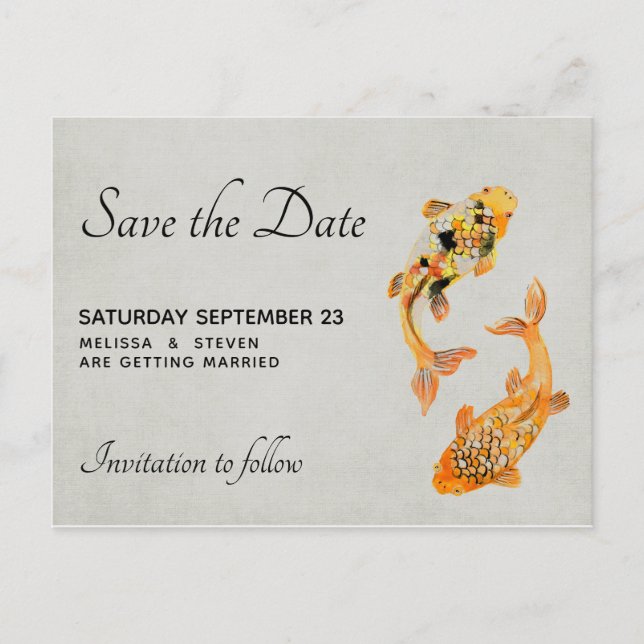 Invitation Carte Postale Stylish Gold Koi Poisson Enregistrer la date (Devant)