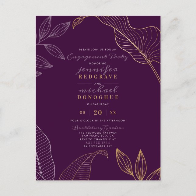 Invitation Carte Postale Stylish Violet Gold Sprigs Modern Engagement Party (Devant)