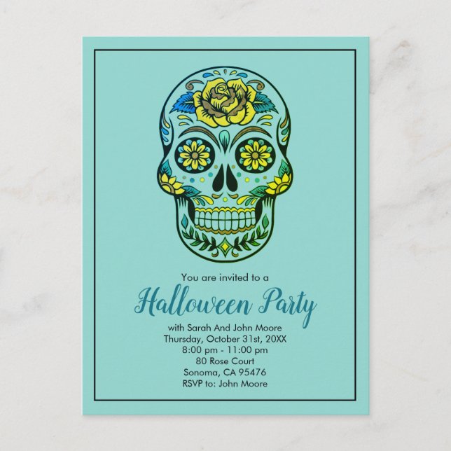 Invitation Carte Postale Sugar Skull Aqua Blue Halloween Party (Devant)
