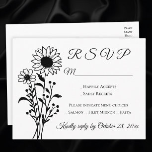 Invitation Carte Postale Sunflower Country Floral Noir Blanc Mariage RSVP