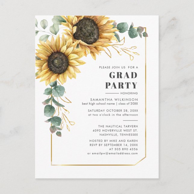 Invitation Carte Postale Sunflower Eucalyptus Graduation 2025 Party (Devant)