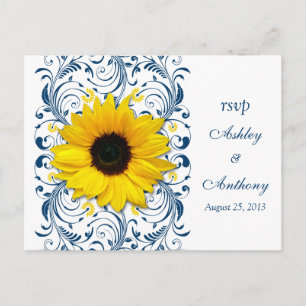 Invitation Carte Postale Sunflower Navy Bleu Blanc Floral Mariage Rsvp