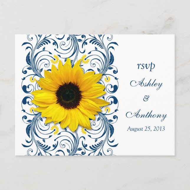 Invitation Carte Postale Sunflower Navy Bleu Blanc Floral Mariage Rsvp (Devant)