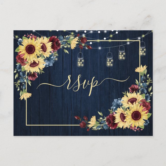Invitation Carte Postale Sunflower Navy Bleu Bourgogne Bois Floral +Menu (Devant)