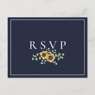 Invitation Carte Postale Sunflower Navy Blue Wedding RSVP Song Request