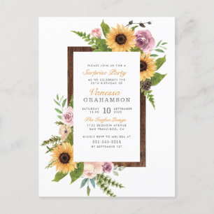 Invitation Carte Postale Sunflower Rose Baronne Wood Country Surprise Party