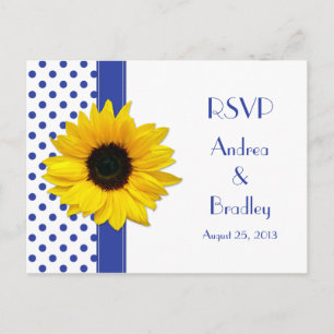 Invitation Carte Postale Sunflower Royal Bleu Polka Blanc Mariage au point