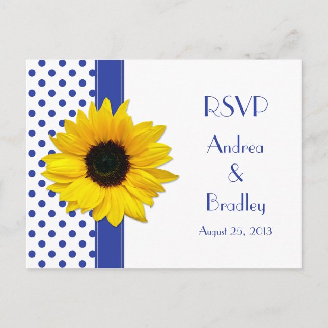 Invitation Carte Postale Sunflower Royal Bleu Polka Blanc Mariage au point  (Devant)