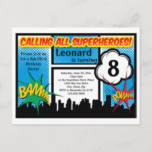 Invitation Carte Postale Superhero coloré Comic Boy's Birthday Party