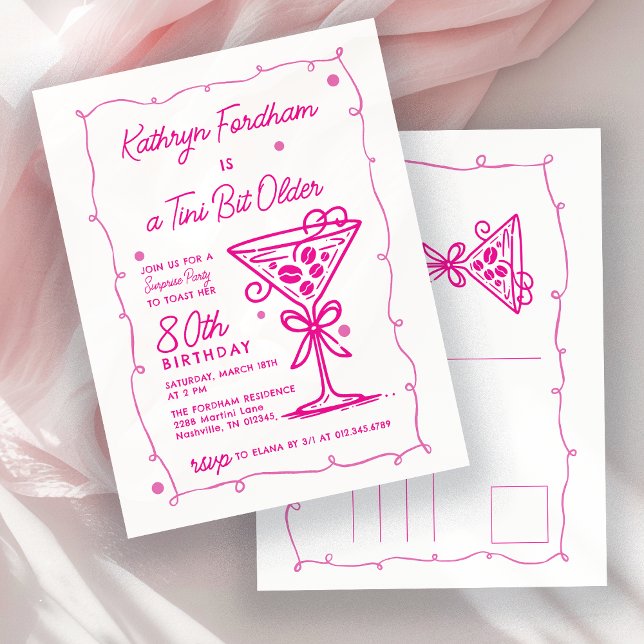 Invitation Carte Postale SURPRISE FÊTE 80e anniversaire Doodle rose Martini (Créateur téléchargé)