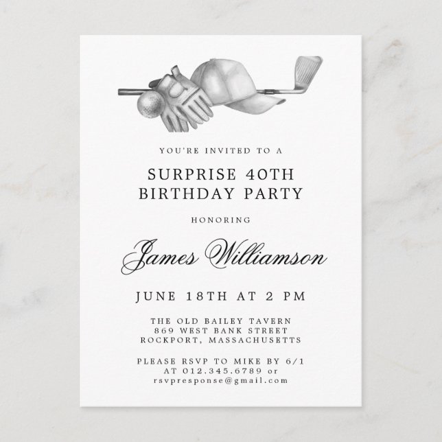 Invitation Carte Postale SurPRISE Party 40e Anniversaire Golf Thème (Devant)