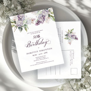 Invitation Carte Postale SURPRISE PARTY 50e anniversaire Purple Lilac Flora