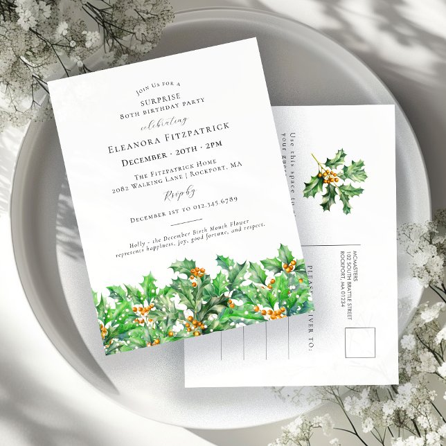 Invitation Carte Postale SURPRISE PARTY 80th Birthday December Birth Flower (Créateur téléchargé)