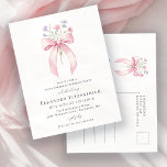 Invitation Carte Postale SURPRISE PARTY 90th Birthday Bow Fleur sauvage<br><div class="desc">Un arc de coquette rose féminin est décoré de petits fleurs sauvages roses et violets.</div>