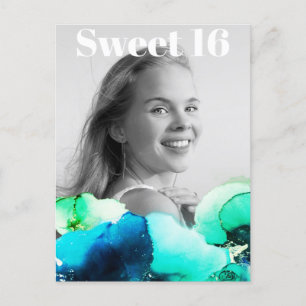 Invitation Carte Postale ~* Sweet 16 Anniversaire Photo Green Navy Mint AP2
