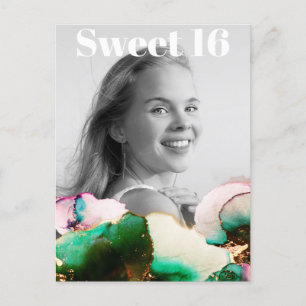 Invitation Carte Postale ** Sweet 16 Anniversaire Photo Green PinK Mint AP2