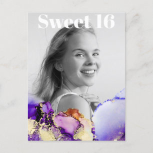 Invitation Carte Postale *~* Sweet 16 Anniversaire Photo OR PURPLE ROSE AP2